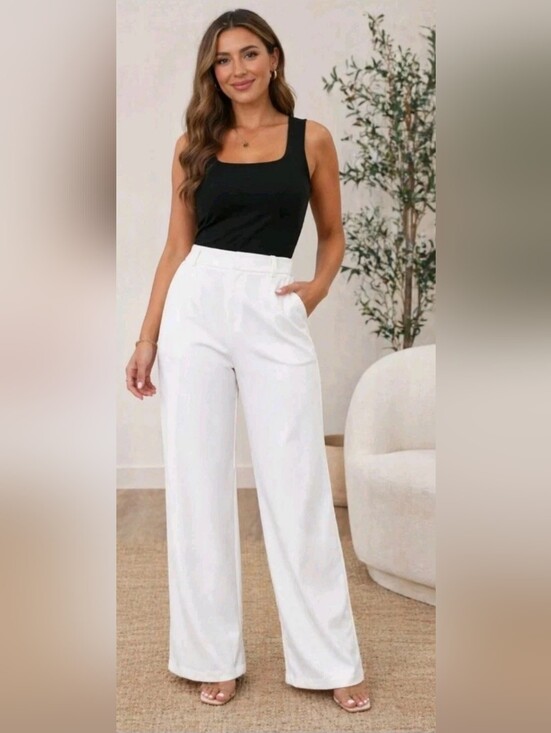 SHEIN Pants - Shein Wide Leg White Dress Pants High Waist Size XL (12) Work Office Summer